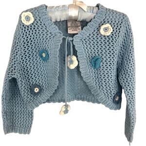Handmade Girls Open Crochet Open Bolero Sweater Blue Size 4 Vintage